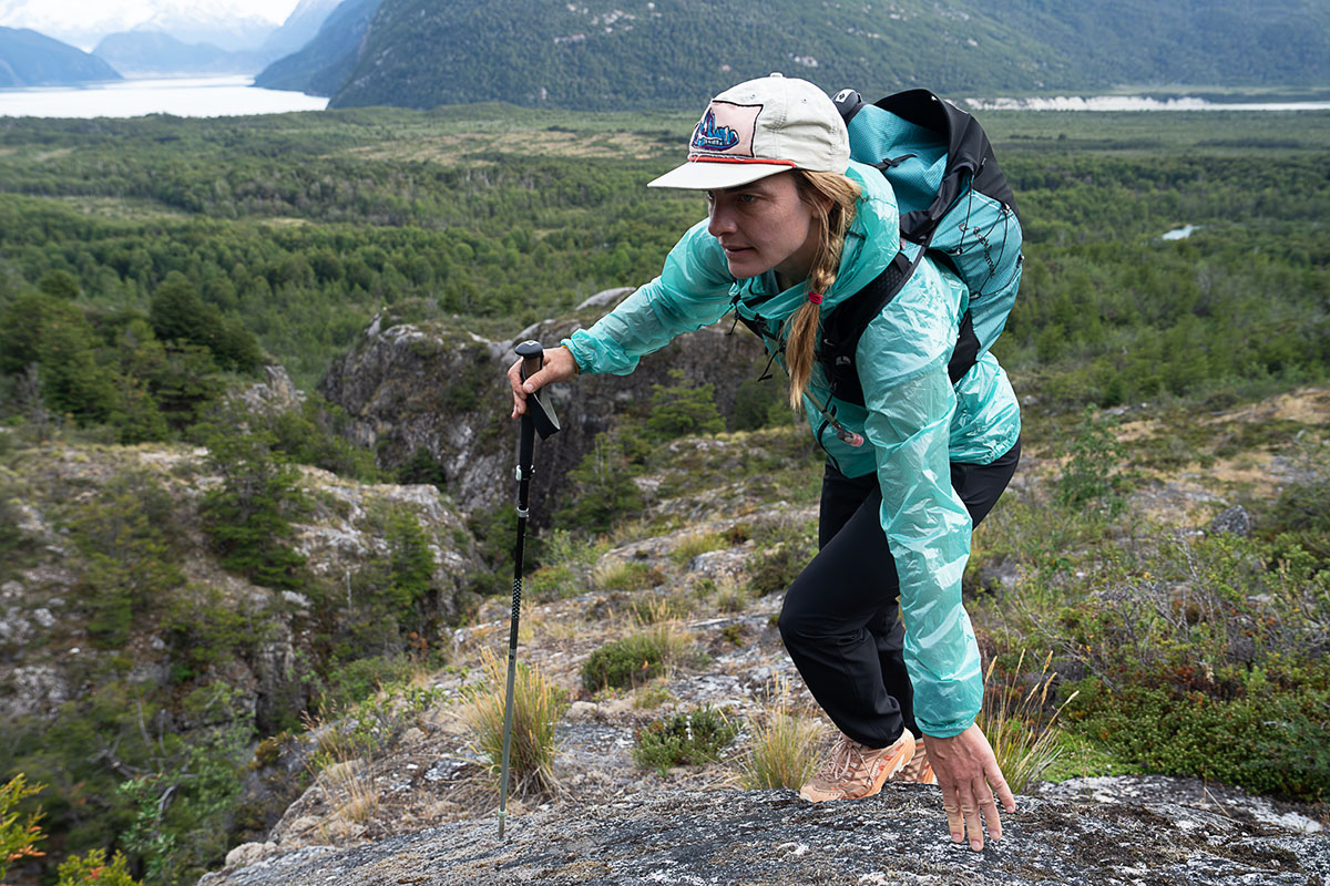 Windbreaker jacket (hiking in Enlightened Equipment Copperfield)